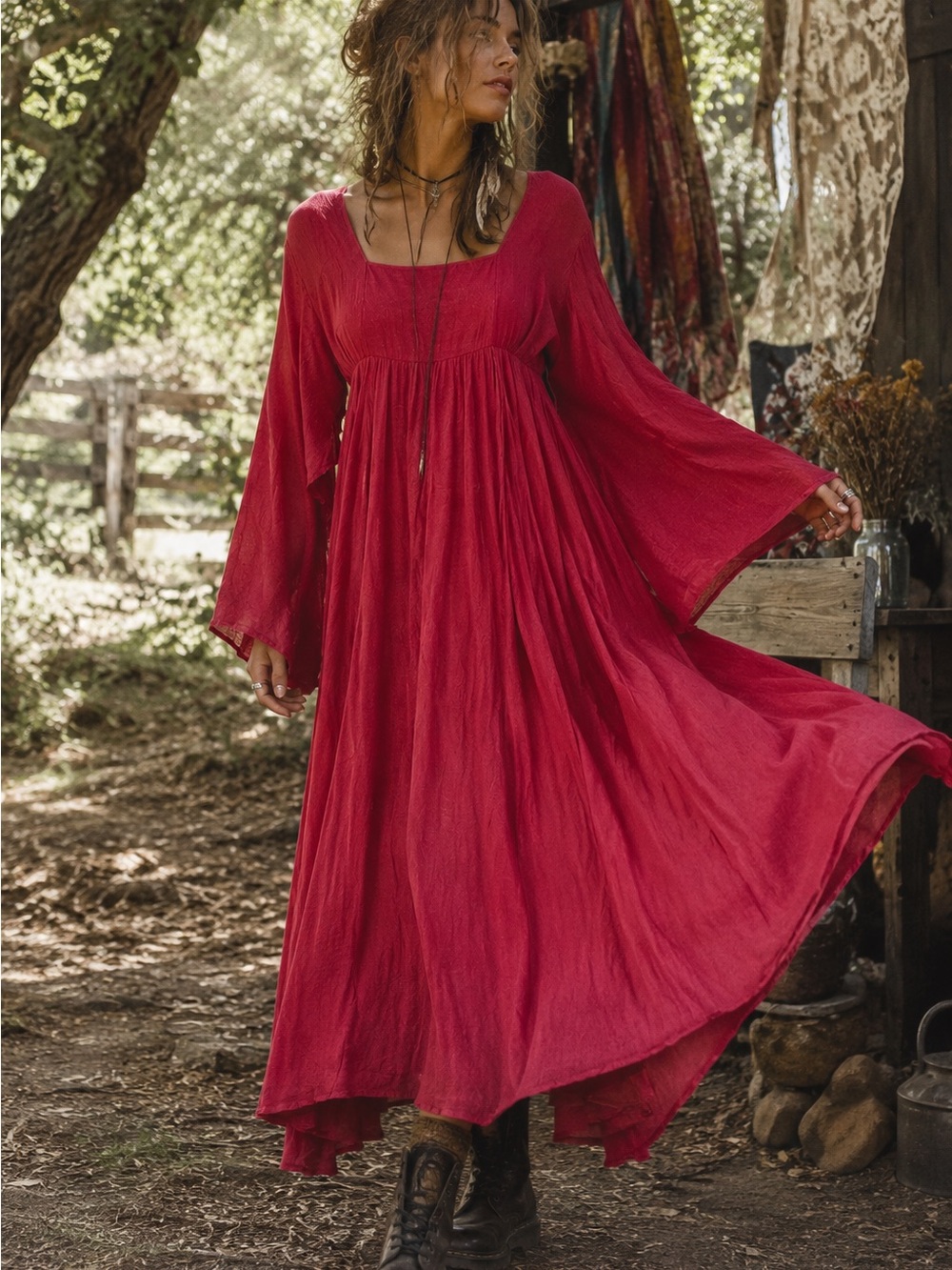 Cranberry Boho Maxi Dress Bell Sleeve Empire Waist Hippie Festival *